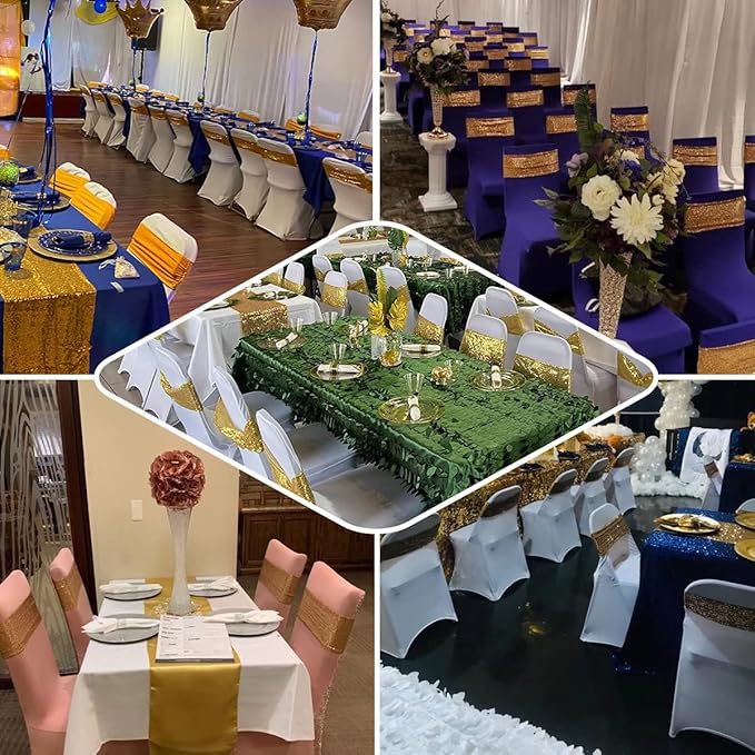 25 Pcs Sequin Chair Sashes Stretch Chair Bands Spandex Polyester Bows for Party Hotel Wedding Banquets Decoration - White