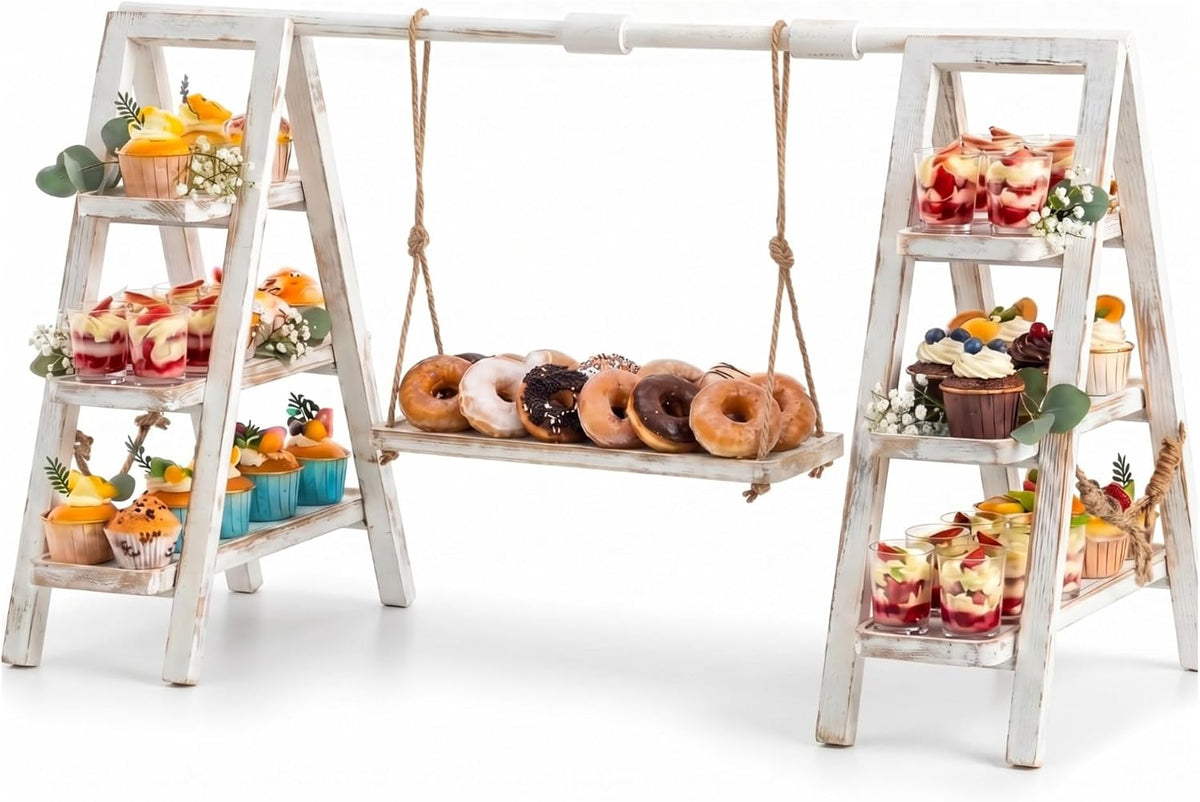 Beeveer 3 Tier Wooden Cupcake Stand with Swing and Serving Tray, White