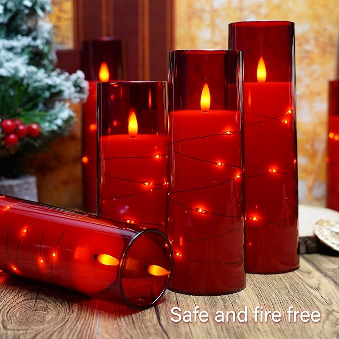 Flameless LED Candles with Timer 9 Pc Flickering Flameless Candles for Romantic Ambiance and Home Decoration Stable Acrylic Shell,with Embedded Star String，Battery Operated Candles（Red）
