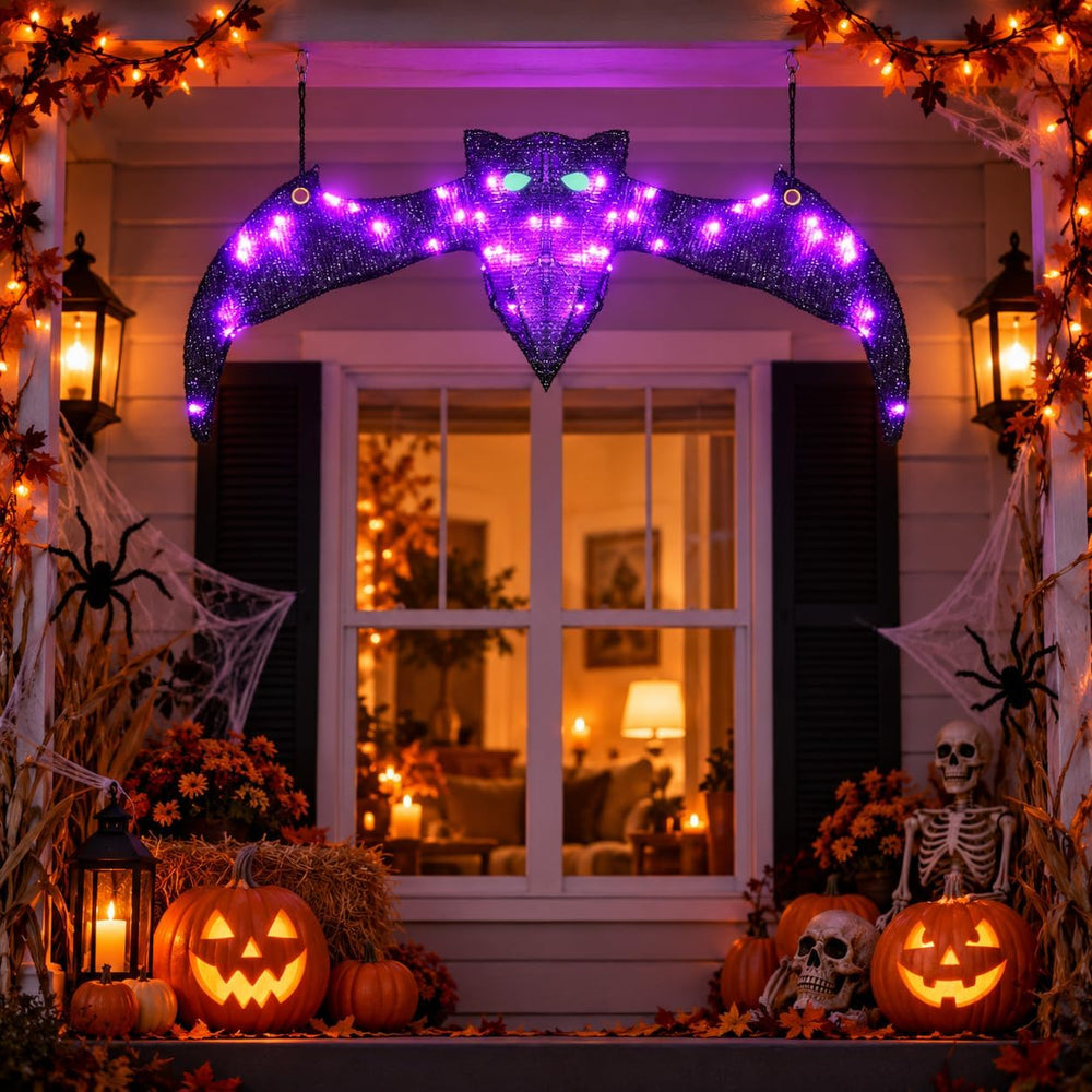 Lighted Hanging Bat Halloween Window Decorations, Large Spooky Glowing Purple...