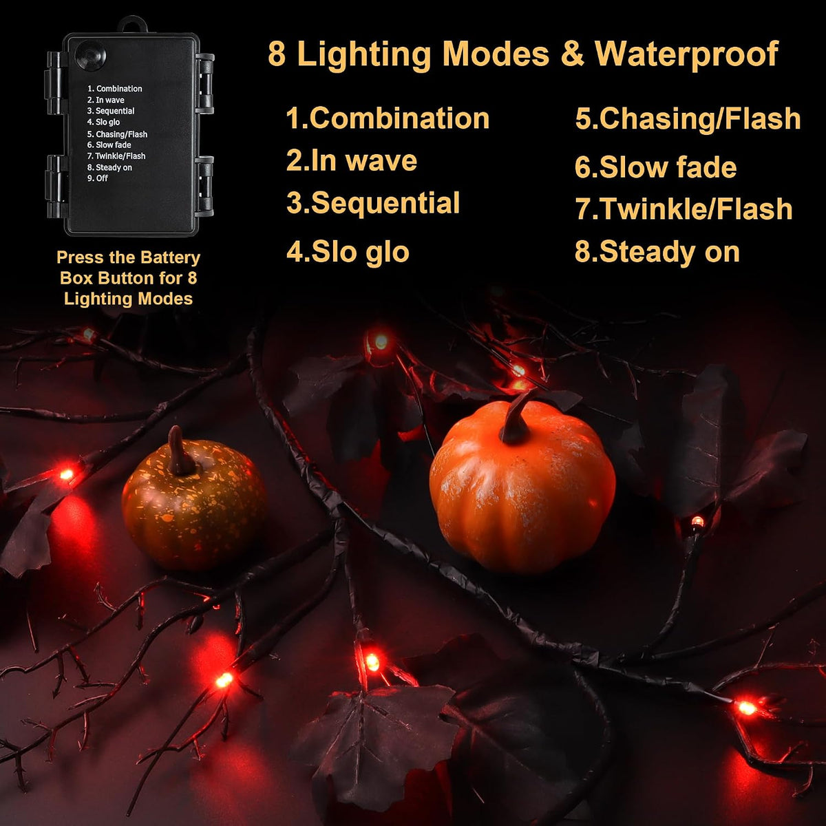 9 FT 72 LED Willow Vine Twig Decor Black Halloween Garland with Orange Lights, 8 Modes & Timer Waterproof Battery Operated for Home Fireplace Mantle Wall Office Indoor Halloween Decorations Party