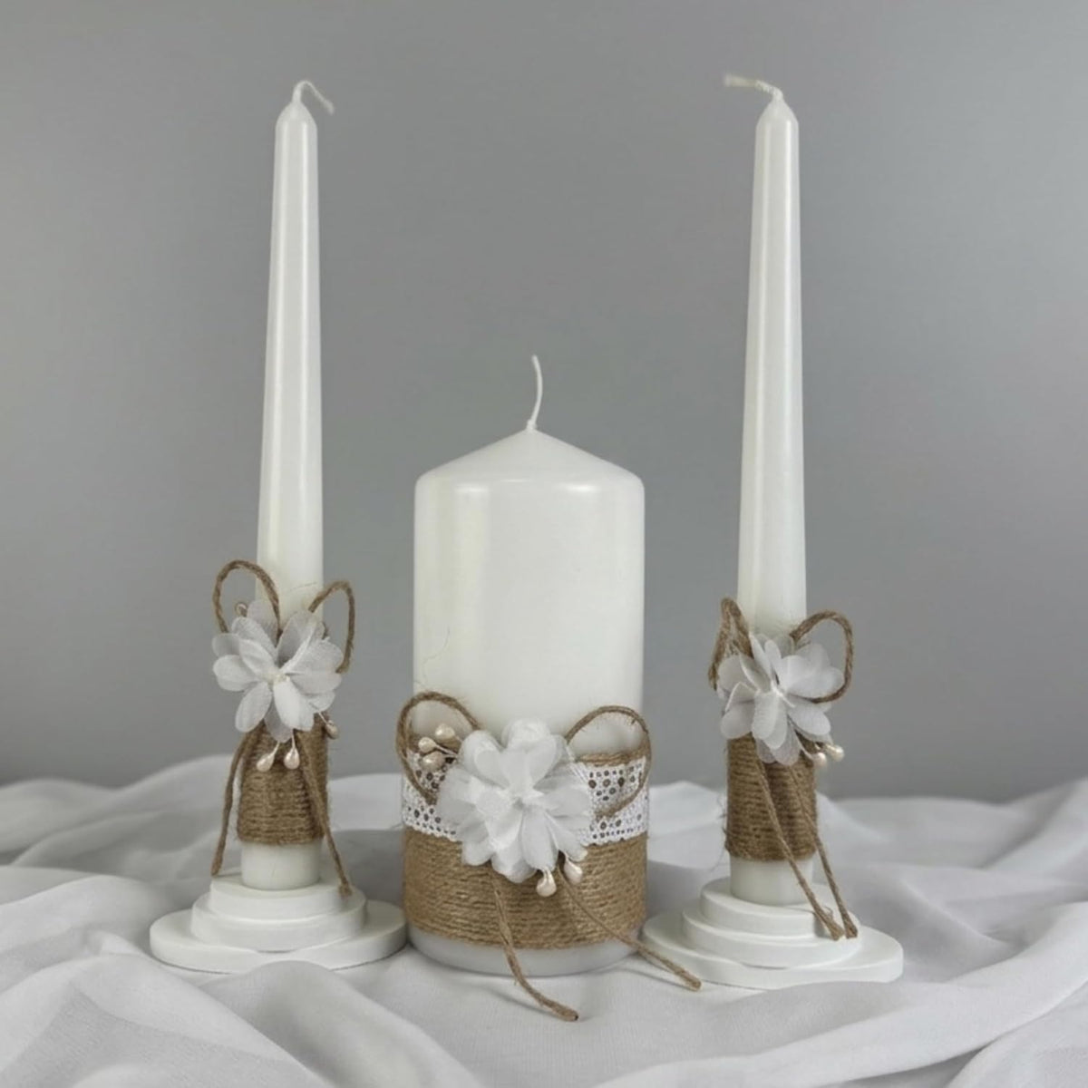 Unity Candle Set - Wedding Ceremony & Reception – 6” Pillar & Two 10” Taper Candles – Long Burning Wedding Unity Candles for Marriage Ritual – Home Decor- Handmade in USA – White | Rustic