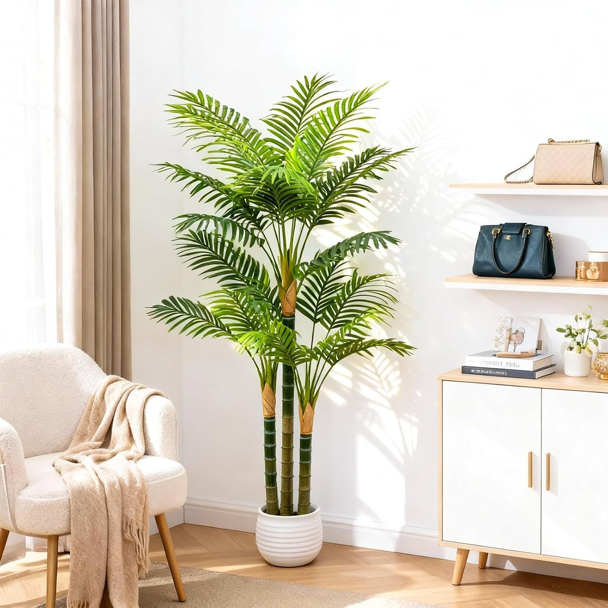 6FT Tall Golden Cane Artificial Palm Tree, Large Faux Palm Tree with 3 Textured Trunks, Outdoor Artificial Plants, Fake Tree for Indoor Office Living Room Outside Patio.