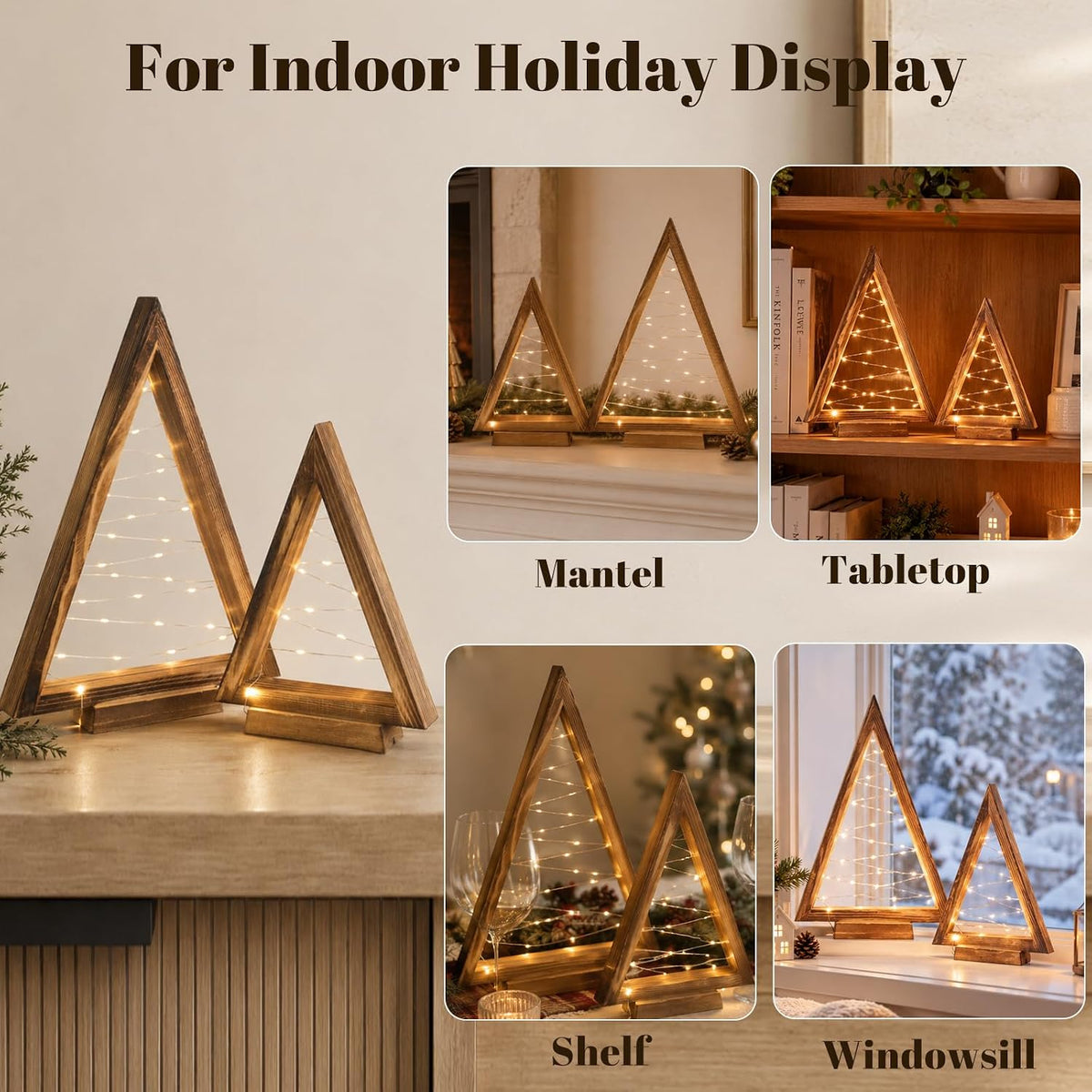 Wooden Christmas Tree with Lights-2 Pack Tabletop Decor