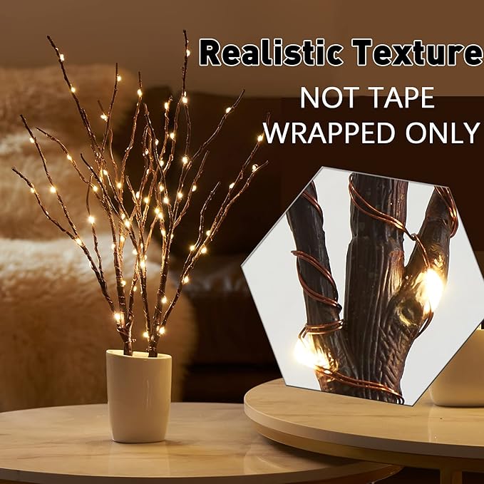 Fudios Lighted Branches with Timer 70 LED Fairy Lights 18in Battery Operated, Willow Branches with Lights for Vase Christmas Holiday Home Decor