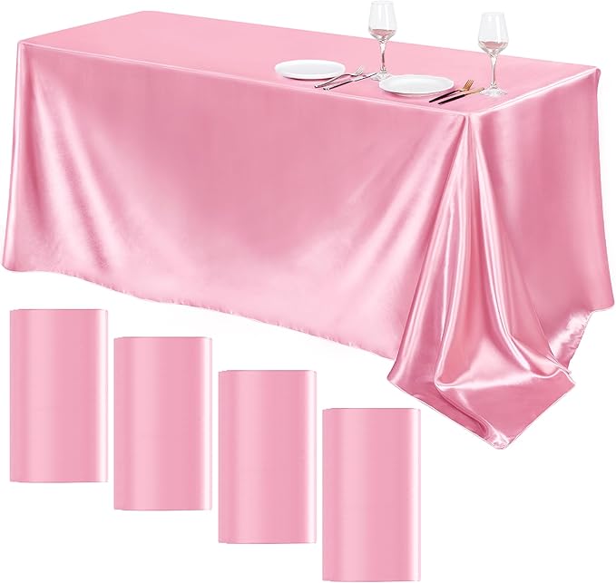 TURSTIN 4 Packs Pink Satin Tablecloth 102 x 58 Inch Overlay Satin Table Cover Rectangle Bright Silk Tablecloth Smooth Fabric Table Decoration for Wedding Banquet Party Events