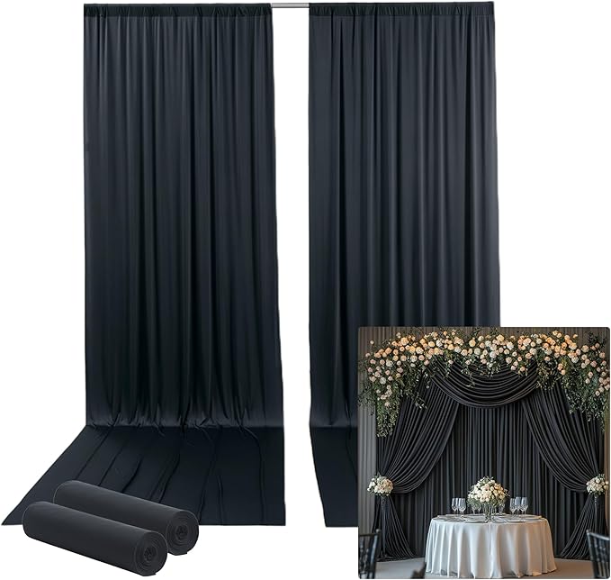 10ftx14FT Wrinkle Free Black Backdrop Curtain, 2 Panels 14FT Height Black Wedding Backdrop Drapes, Silky Polyester Back Drop Cloth for Birthday Photography Background Party Backdrop Draping