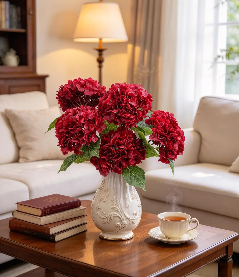 5Pcs Red Faux Hydrangeas Artificial Flowers with Stems & Leaves
