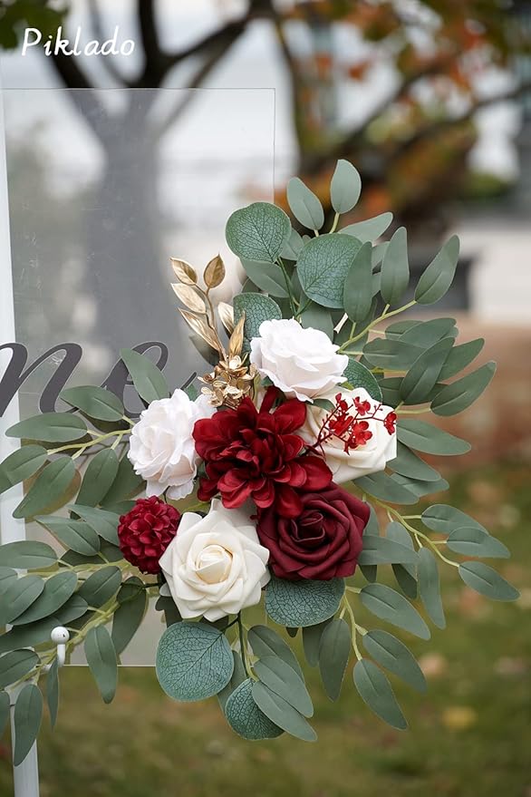 Faux Flower Swag Set of 2 for Wedding Welcome Signs Floral Swag Wedding Reception Ceremony Signs Decor (Red)