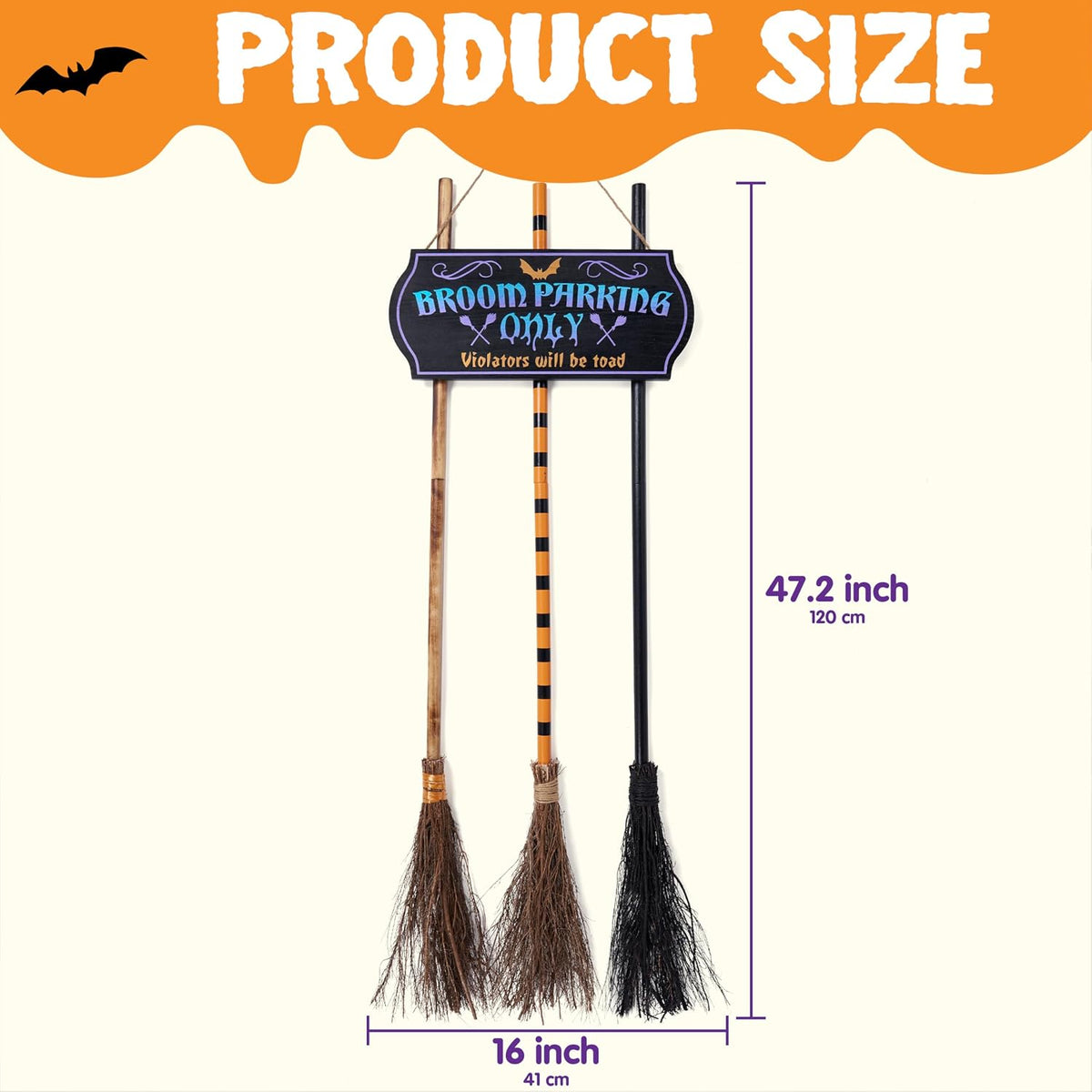 JOYIN Halloween Broom Parking Sign with 3pcs Wooden Witches Brooms, Halloween Decorations Outdoor, Wooden Warning Sign for Front Porch Wall Decor Home Office Indoor