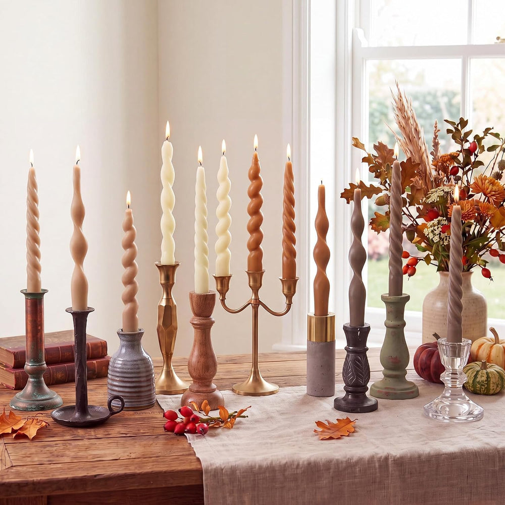 Nuanchu 12 Pcs Fall Spiral Taper Candles 7.5" Beige Twisted Candlesticks
