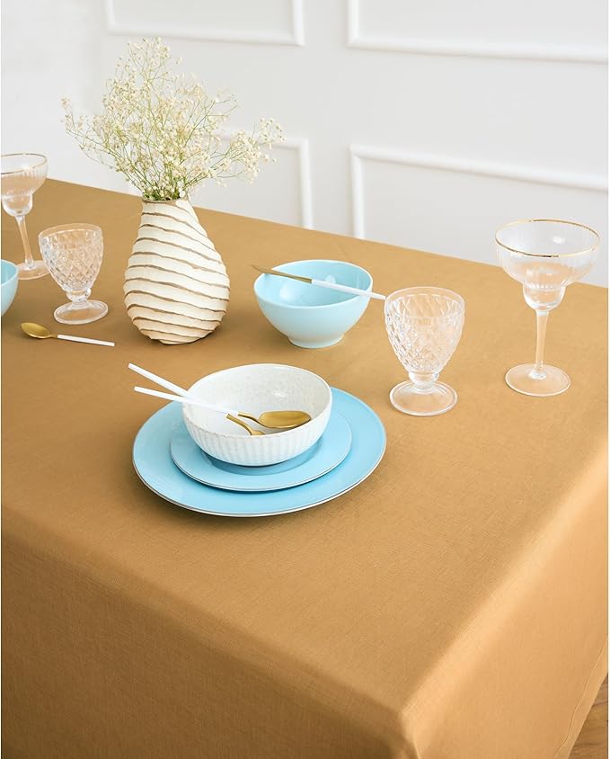 Solino Home Linen Tablecloth for Rectangle Tables 60 x 90 Inch - 100% Pure Linen Caramel Table Cloth - Fete, Machine Washable Cloth Tablecloth for Fall, Autumn, Thanksgiving