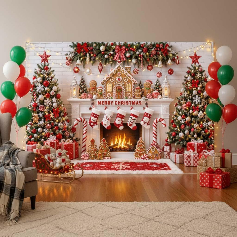 Merry Christmas Fireplace Photo Backdrop Gingerbread Man Banner 10x8 ft