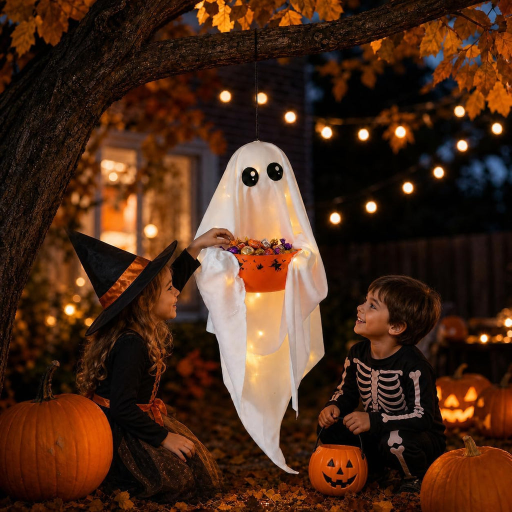 UQJE Hanging Ghost Candy Bowl, Lighted Halloween Treat Holder