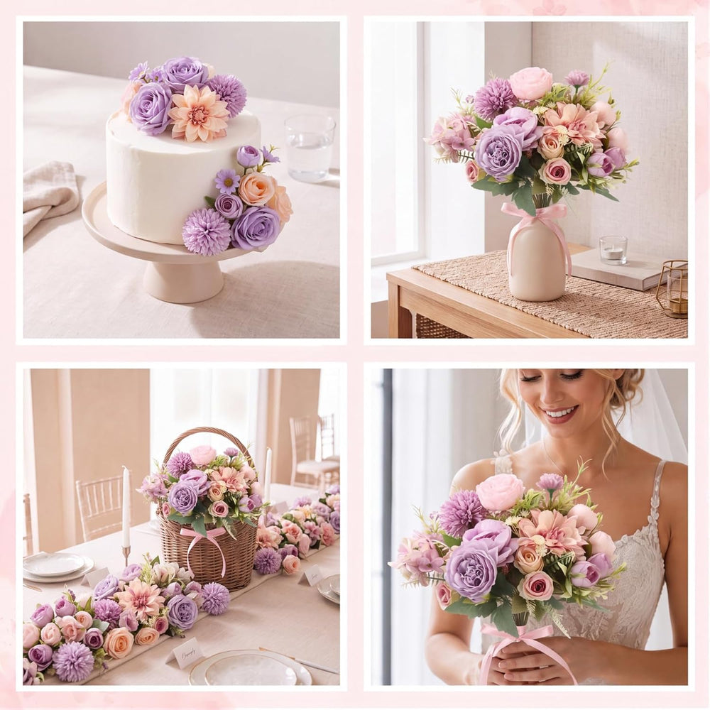 24 Bundles Purple Artificial Flower Bulk Silk Bouquet, Peonies
