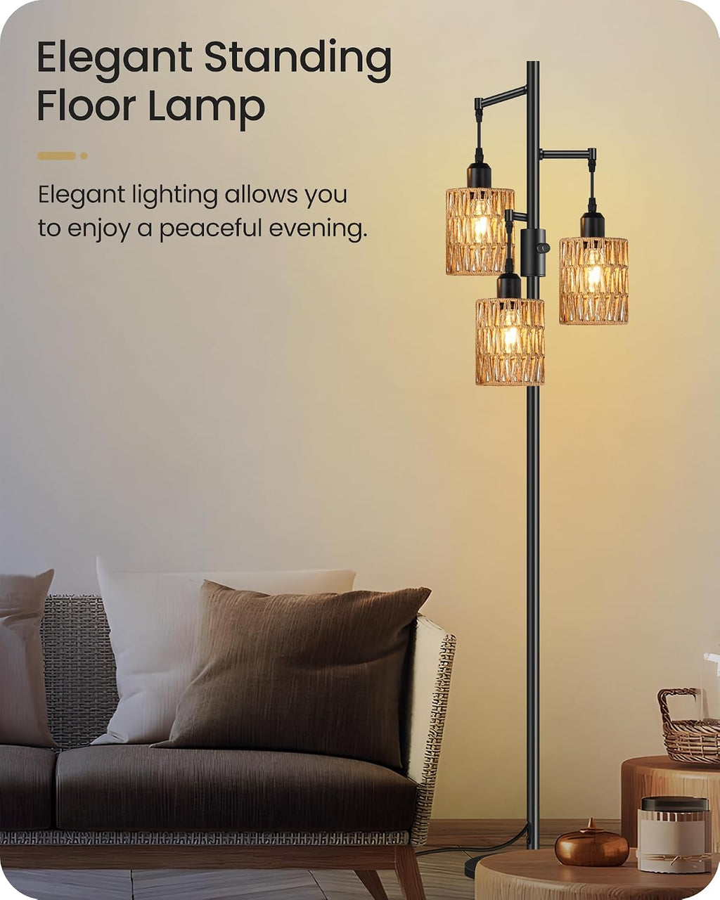 Dimmable Floor Lamp, Farmhouse Tall Standing 70.3" Tree Lamp with 3 Rope Woven Lampshades, Boho Rattan Floor Lights, 4W 3 LED Bulbs Included, for Living Room, Bedroom, Study, Office B03LD05