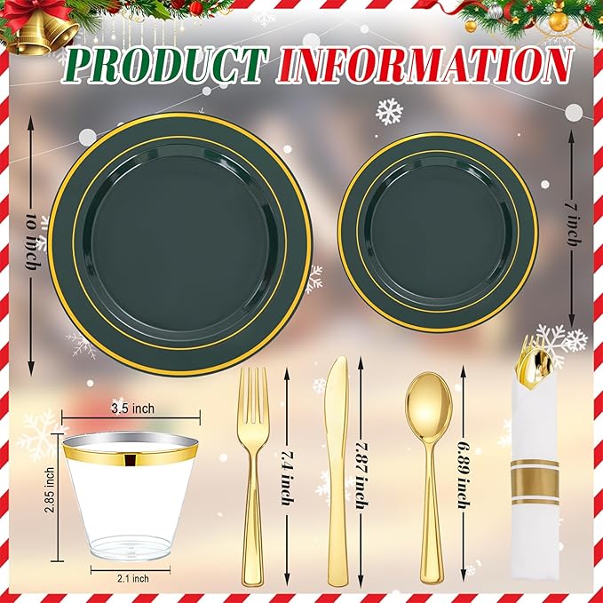 175PCS Green Plastic Plates - Green and Gold Disposable Plates 25Guests Plastic Christmas Plates with Rolled Napkins for Birthday/Christmas