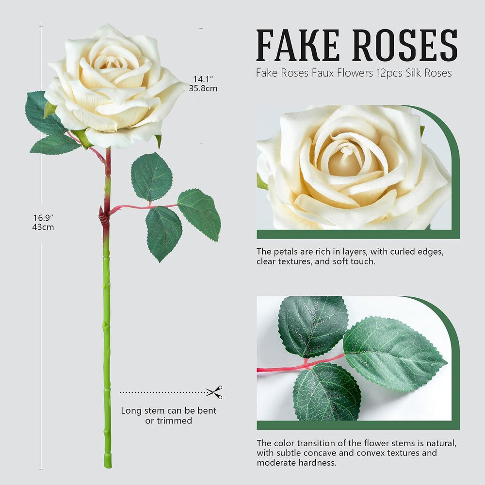 12PCS Artificial Roses with Stems, Realistic White Fake Roses, Silk Rose Flow...