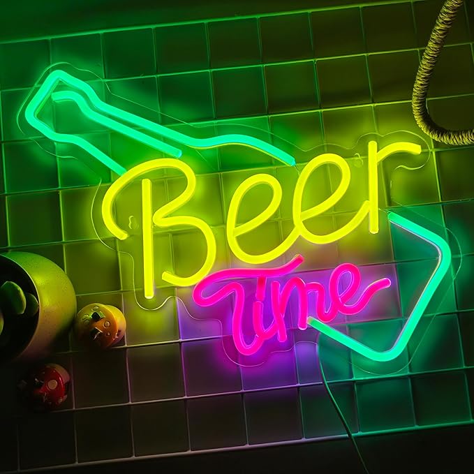 Beer Time Neon Sign Led Wall Decor Man Cave Neon Light Up Signs Wall Art for Home Room Bar Bedroom USB Powered 16.3"x11"