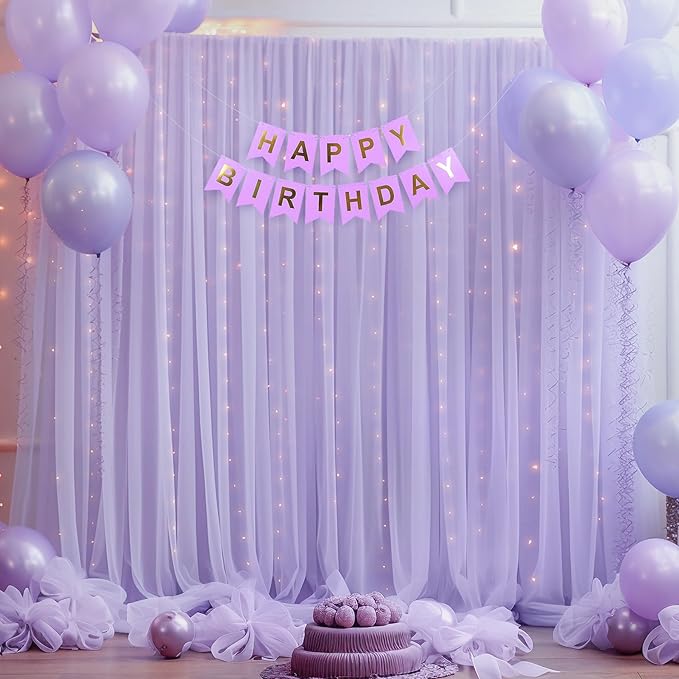 10x10ft Purple Tulle Backdrop Curtain with Lights String for Parites, Sheer Photo Backdrop Curtains with Lights for Wedding Backdrop Ceremony Reception Bridal Shower Baby Shower Birthday Party