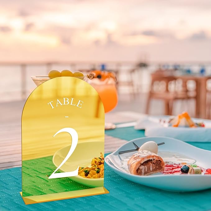 JOYIT Arch Wedding Table Numbers 1-20 with Stands – 5" X 7" Acrylic Mirrored Gold Table Number Holders, Perfect for Wedding Receptions, Parties, Anniversaries, and Events