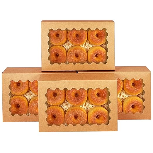 qiqee Auto-pop up Brown Cookie Box with Window 12x8x2.5 inch 32 Packs Two Uses One Second Folding Pastry Biscuit Bakery Box for Packaging