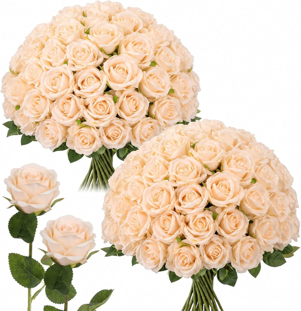Jexine 50 Pcs Artificial Silk Roses Bulk with Long Stem,Beige Champagne