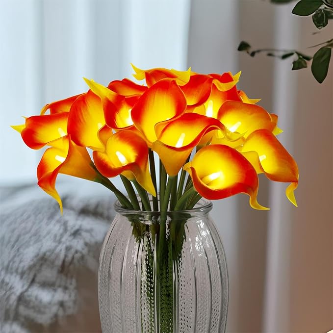 20pcs Artificial Calla Lily Bouquet Lamp Faux Floarl Night Light Real Touch Flower Night Lamp LED Calla Lily Artificial Flower Light for Christmas Gifts Home Kitchen Decor(Orange)