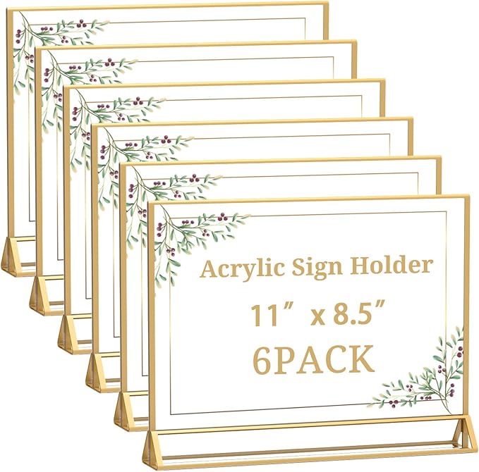 Clear Acrylic Sign Holder 11x 8.5 Horizontal Double Sided Gold Frame Flyer Holder for Wedding Table Number Menu Holder (6pcs)