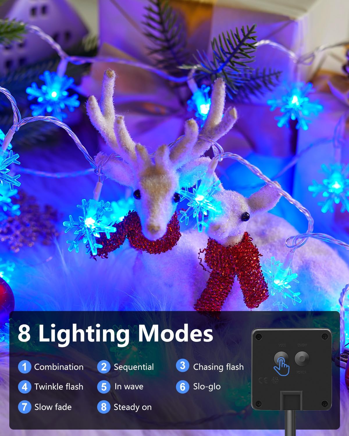 brightown solar christmas snowflake string lights, 72ft 200 shown in use