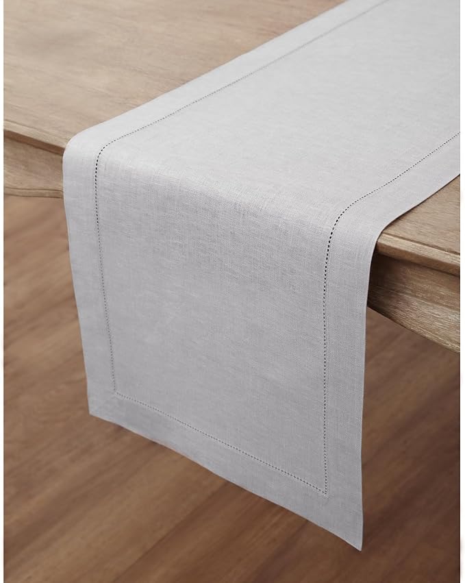 Solino Home Linen Soft Grey Table Runner 132 Inches Long - 100% Pure Linen Extra Long Table Runner 14 x 132 Inch for Fall, Autumn, Thanksgiving, Christmas - Classic Hemstitch
