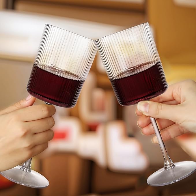 Ciaell 12 PCS Plastic Ribbed Wine Glasses - 10 OZ Plastic Square Wine Glasses with Stem - Disposable Champagne Cups for Parties & Weddings & Party