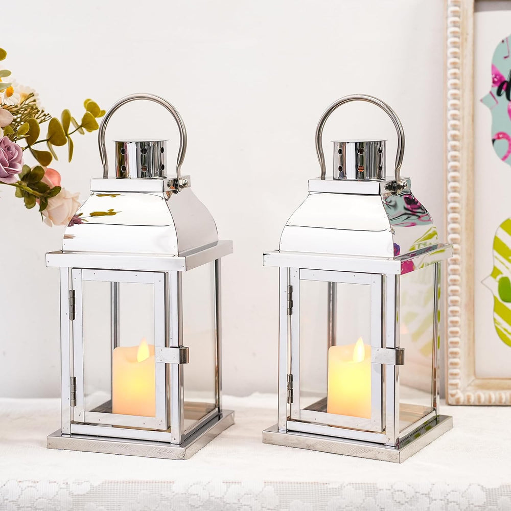Set of 2 Decorative Metal Candle Lantern 10'' High(Silver)