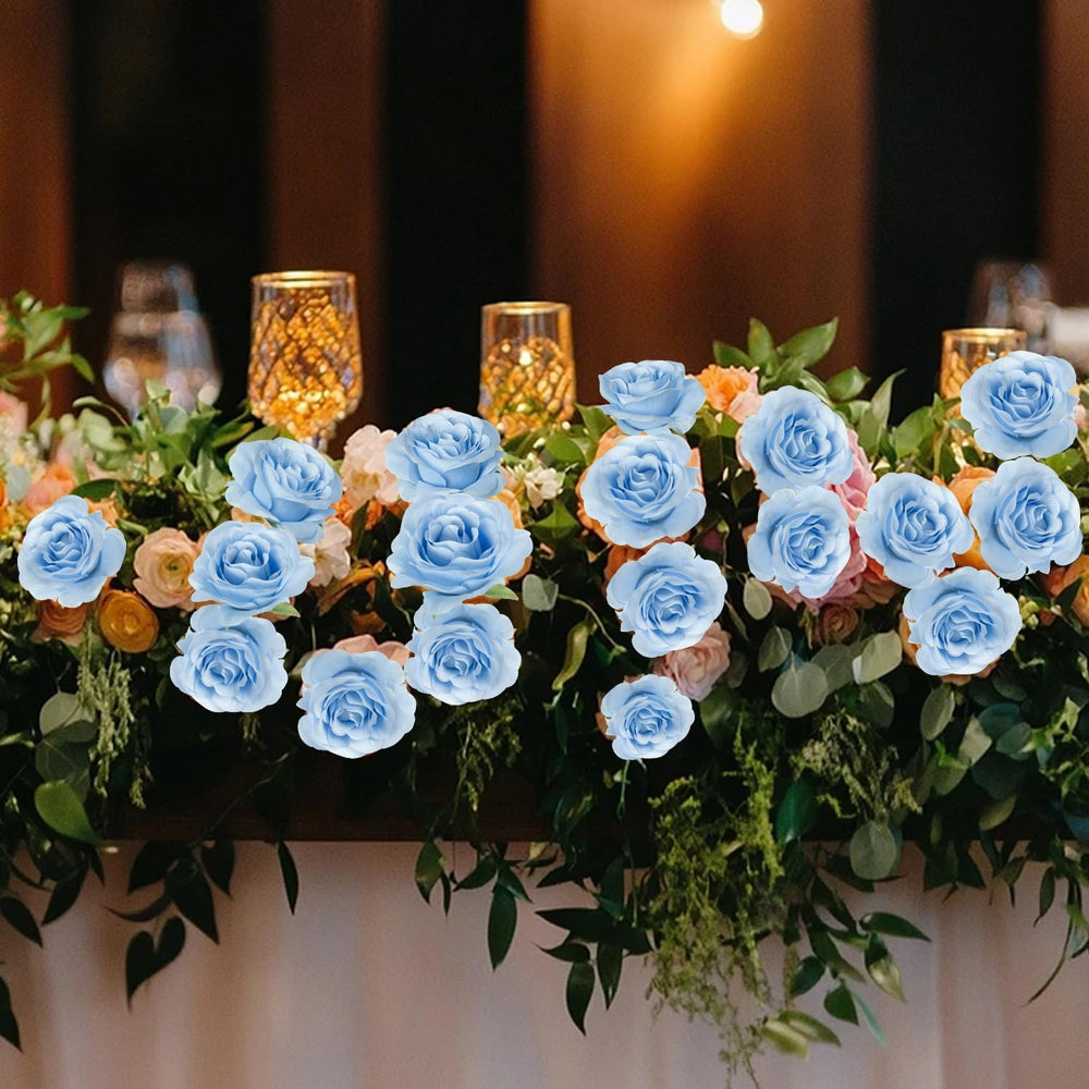 50pcs Artificial Silk Roses Flowers in Bulk,Blue