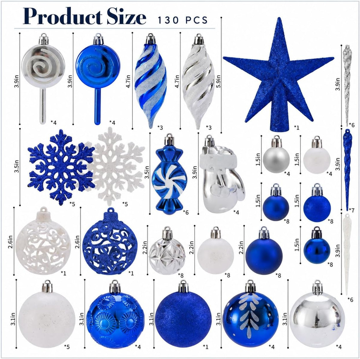 blue, silver & white christmas ball ornaments, shatterproof showing dimensions