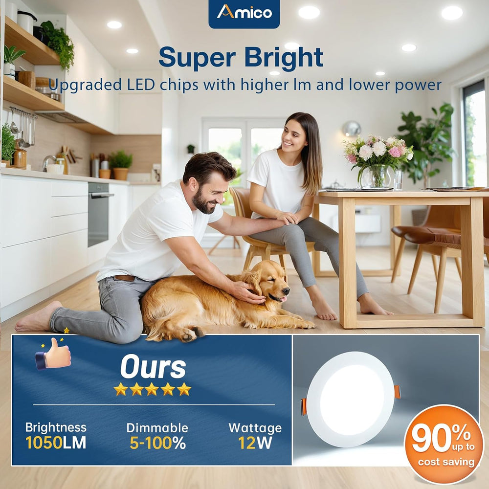 Amico 48 Pack 6 Inch LED Recessed Lighting, Canless Wafer Downlight, White