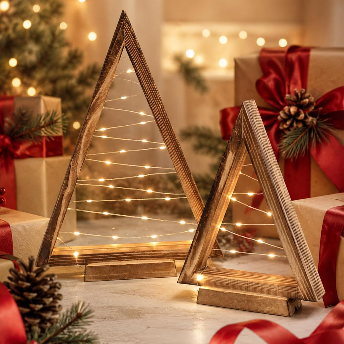 Wooden Christmas Tree with Lights-2 Pack Tabletop Decor