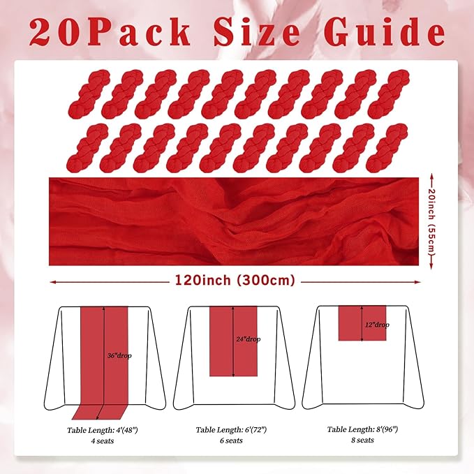 20 Pack Red 10FT Cheesecloth Table Runner Rustic Gauze Fabric Cheese Cloth Table Runner for Wedding Bridal Baby Shower Table Decor Boho Sheer Birthday Party Table Decorations 20 x 120 Inch Long