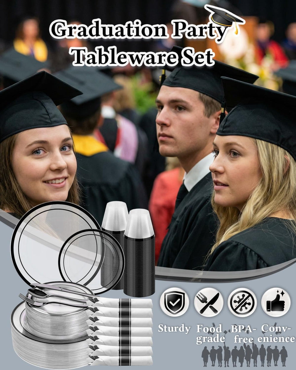 350 Pcs Clear Black Disposable Plastic Party Plate Cup Napkin Sets