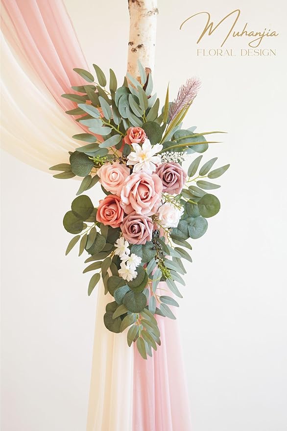 Artificial Wedding Arch Flowers Kit(Pack of 4),2Pcs Artificial Flower Arch Decor, 2Pcs Chiffon Fabric Drapes, Ceremony Decoration, Floral Outdoor Party Decor (Dusty Rose & Champagne)