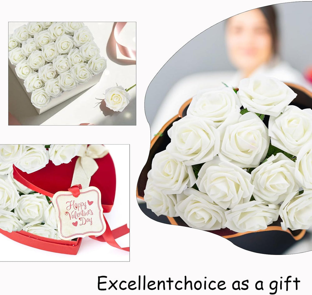 100Pcs Artificial Flowers Real Looking Ivory Foam Fake Roses