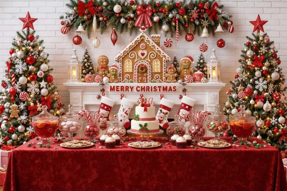 Merry Christmas Fireplace Photo Backdrop Gingerbread Man Banner 10x8 ft