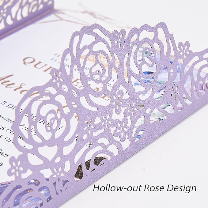 Purple Butterfly Laser Cut Wedding Invitations 50 Set, Hollow Out Rose Shaped Wedding Invites for Bridal Shower Quince Invitaciones Para Boda (Blank Inner Sheet, No Pattern) (50pcs)