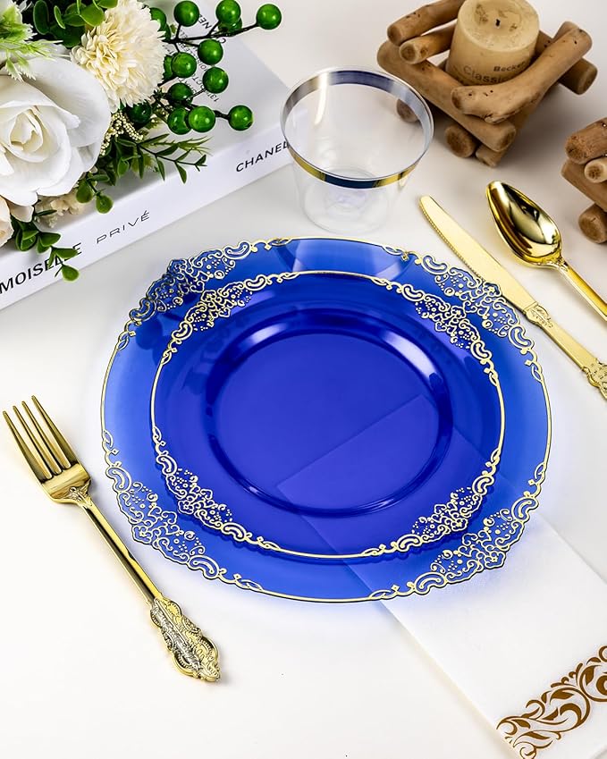 Goodluck 350 Piece Clear Blue Plastic Dinnerware Set for 50 Guests, Fancy Disposable Plates, Include: 100 Blue Rim Plastic Plates, 150 Silverwares, 50 Pre Rolled Napkins, 50 Cups for Party, Wedding