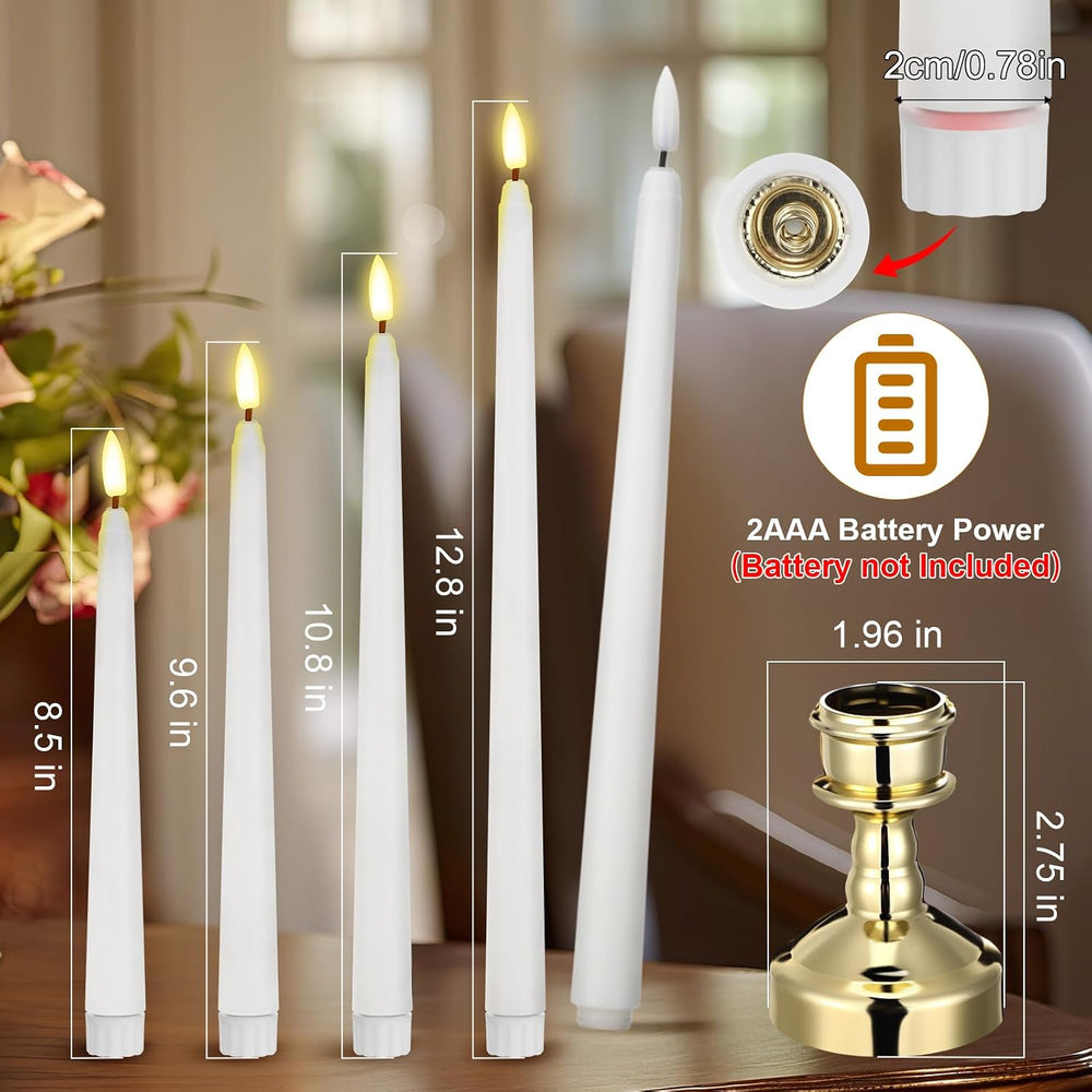 Rossesay 12 Pcs LED Taper Candles Holders, Gold Holder & White Candles