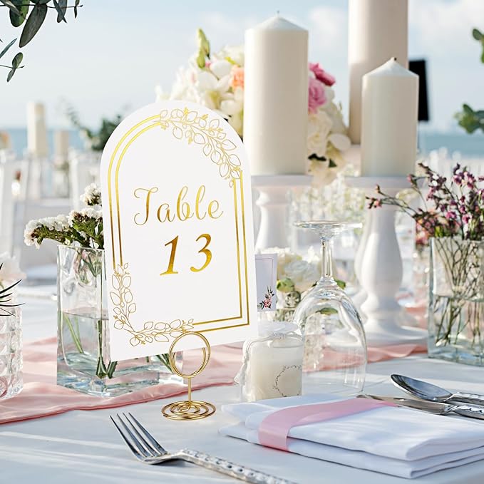 Wedding Table Numbers 1-40, 40 White Gold Cards with 40 Gold TableNumber Holders for Wedding Reception(Card and Holder) (Set of 40)