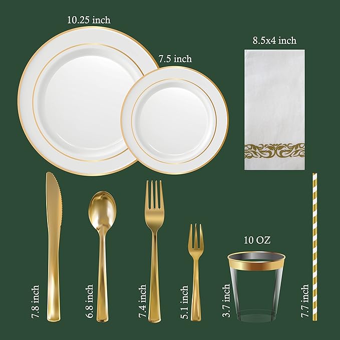 Neatiffy 225 Pcs Gold Rim Plastic Dinnerware Set (25 Guest) | 25 x (Dinner Plate, Dessert Plate, Gold Plastic Silverware, Cup, Napkin, Straw) | For Wedding, Luxurious Party, Special Event