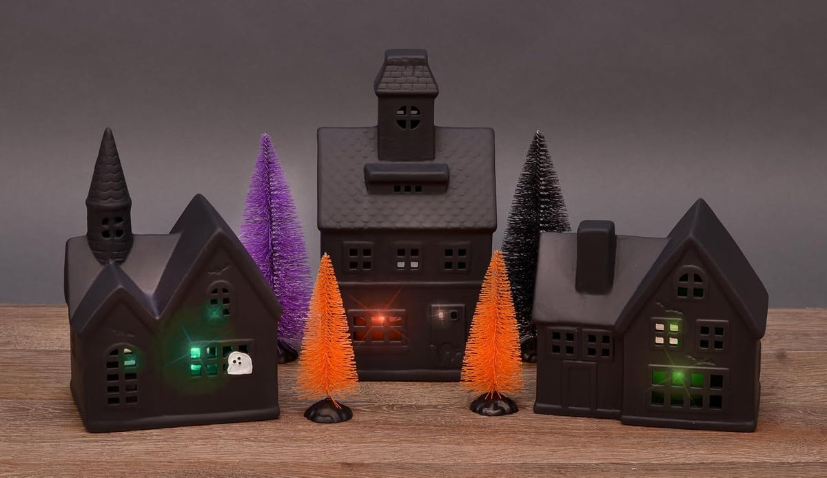 mark feldstein black porcelain haunted halloween led village shown in use