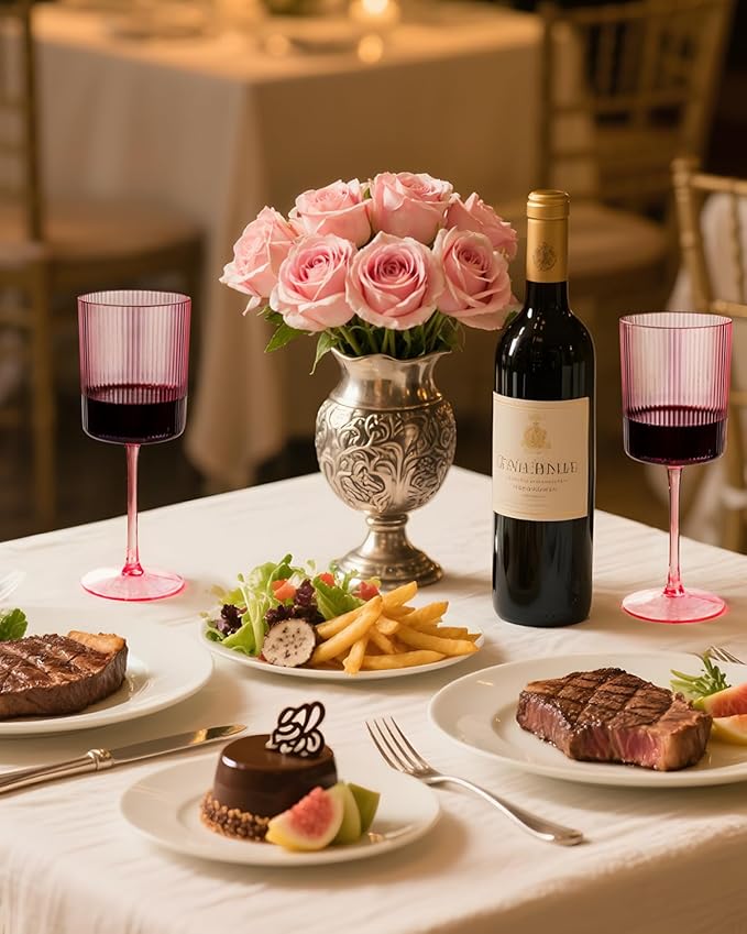 Ciaell 12 PCS Pink Plastic Ribbed Wine Glasses - 10 OZ Plastic Square Wine Glasses with Stem - Disposable Champagne Cups for Parties & Weddings & Party