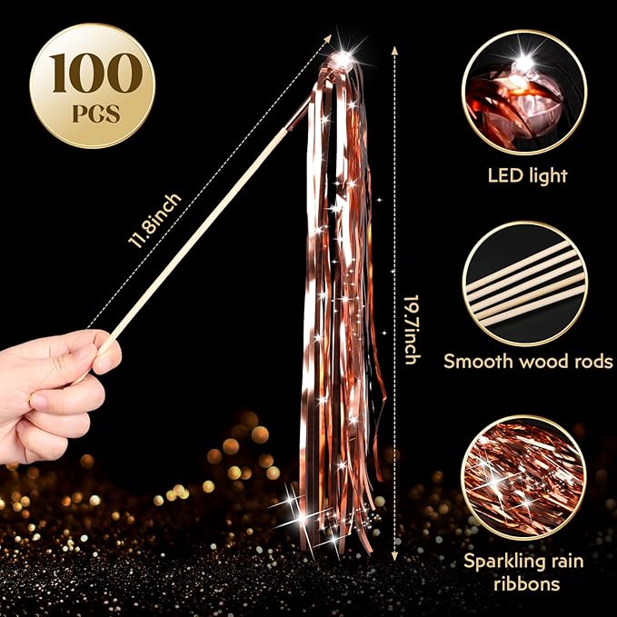 100 pcs Wedding Wands Light up with LED Tinsel Wedding Streamers for Wedding Send off and Greeting Ideal Props for Weddings, Birthday Parties, Christmas Cheerleading Games (Rose Gold)